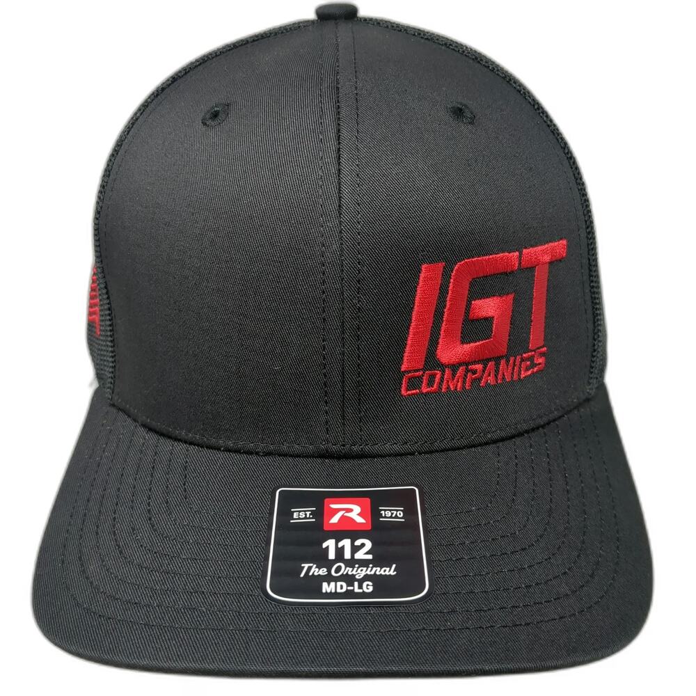 Richardson Trucker Hat Black L Red IGT Companies Logo Mesh Snapback 112 Flag